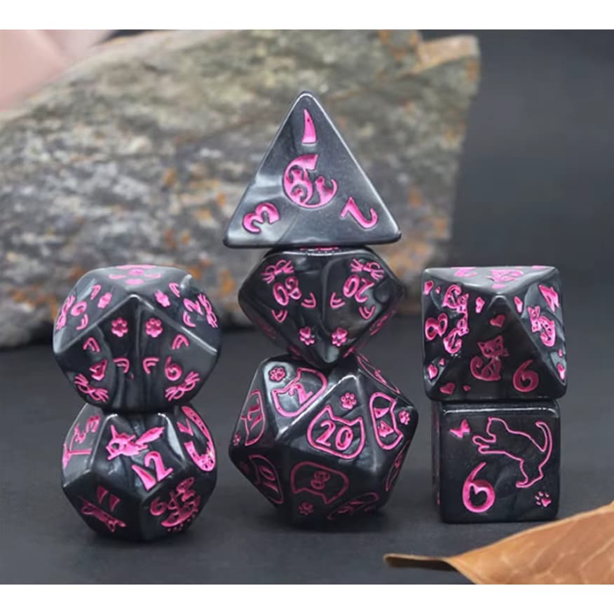 Conjunto De 7 Dados desenhados perolados gatos cat gatinho Para Ded Rpg