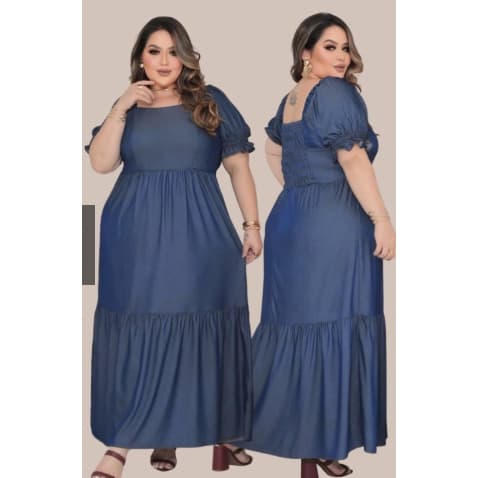 Vestido Longo Jeans Leve Plus Size Manga Bufante Moda Evangélica - Casual Elegante Festa