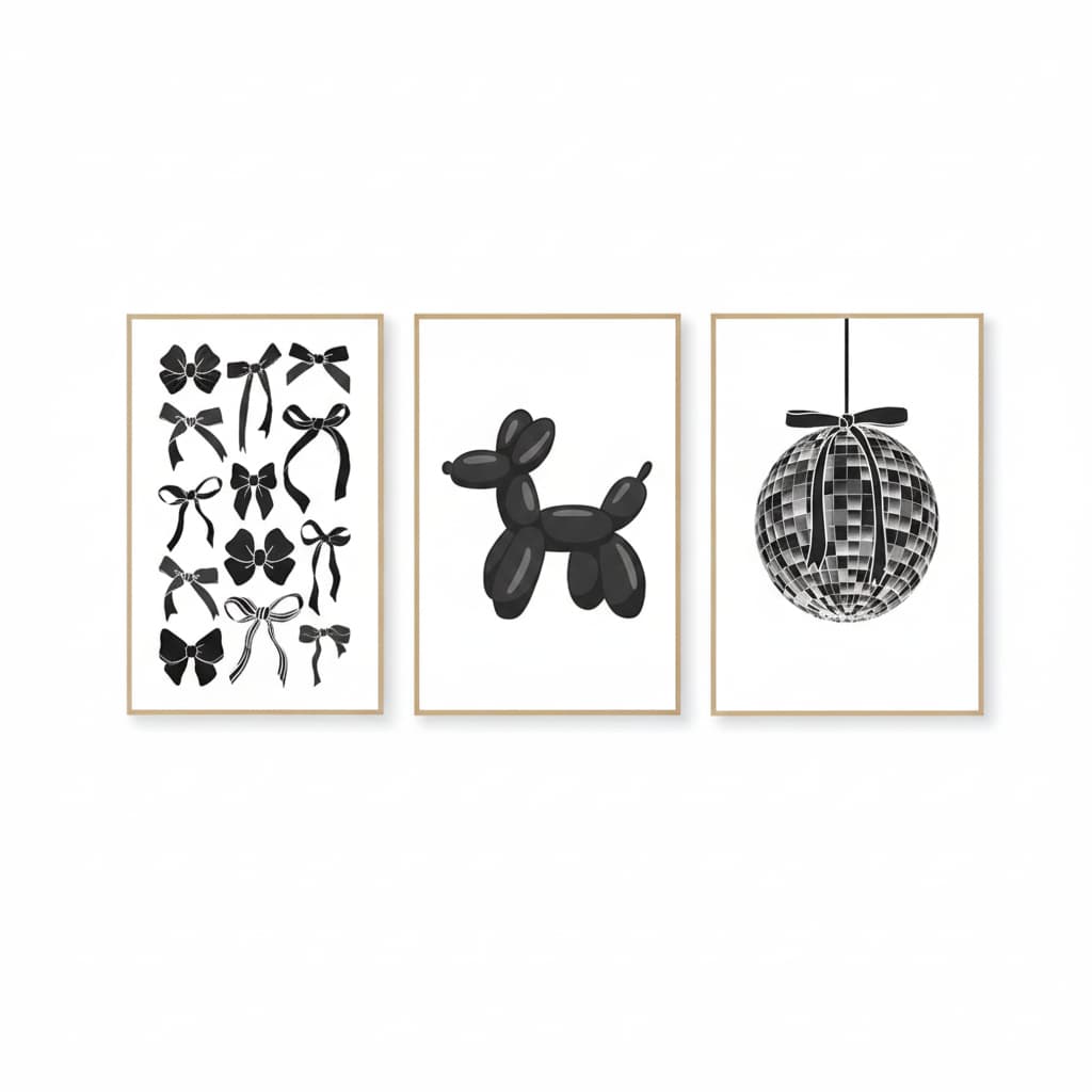Quadros decorativos Cachorro bexiga laços discoteca elegantes retrô tons de preto e branco (3 peças)