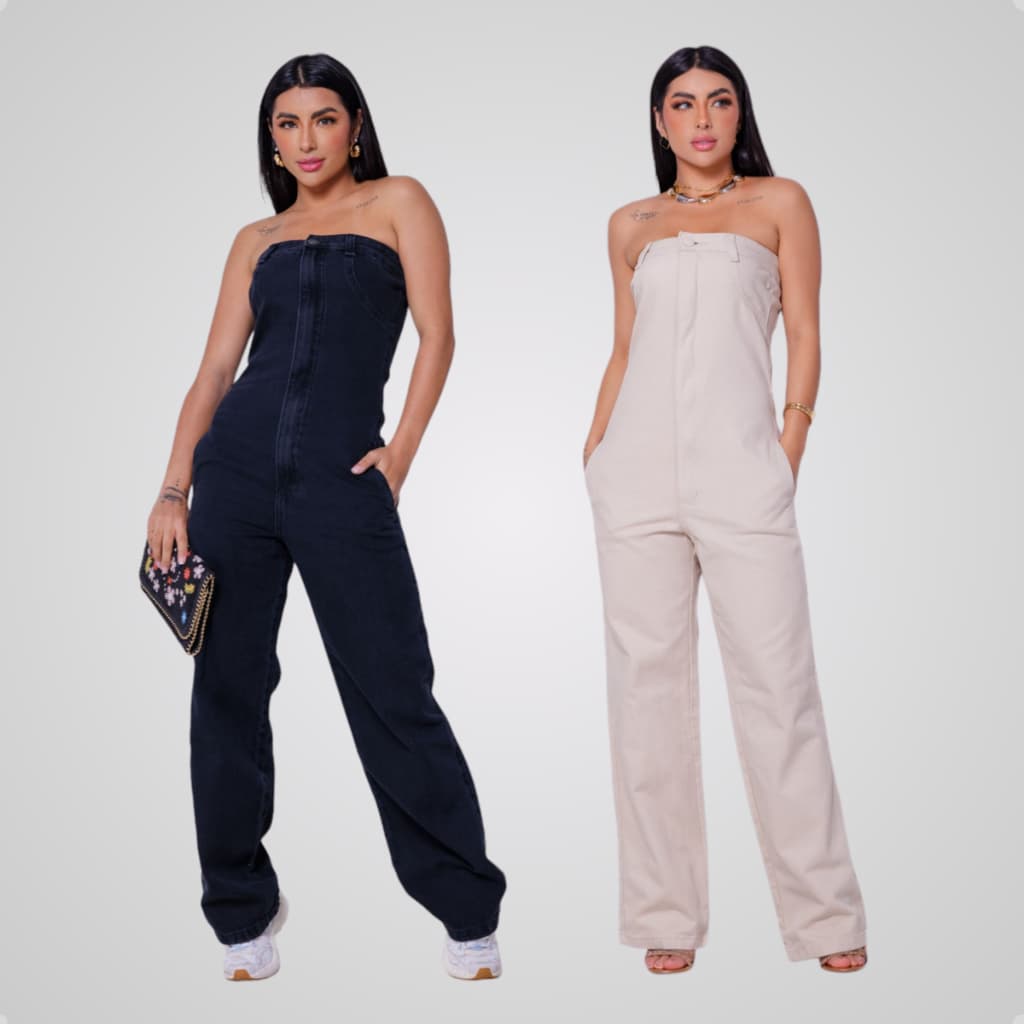 Kit 2 Macacao Jeans Wide Leg Flare Moda Feminina