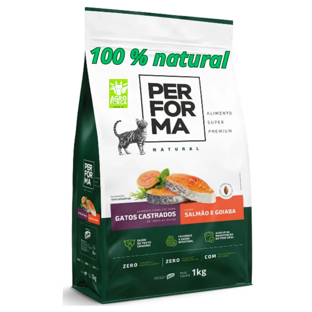 ração super premium 100 % natural performa gatos castrados salmao e goiaba 10,1kg