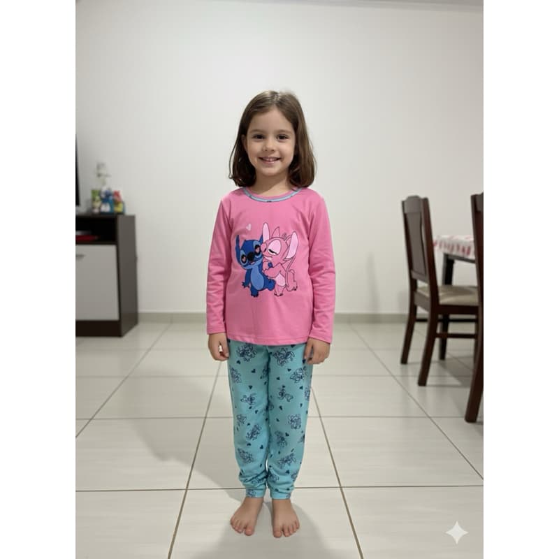 Pijama Longo Infantil Stitch Pijama Manga Longa Confortável Estampado Inverno