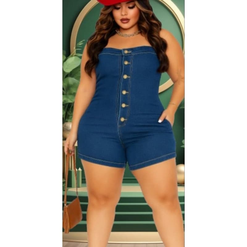 macacão Plus Size Macaquinho Jeans Feminino Short Curto Cintura Alta Jardineira Jeans Tomara que Caia