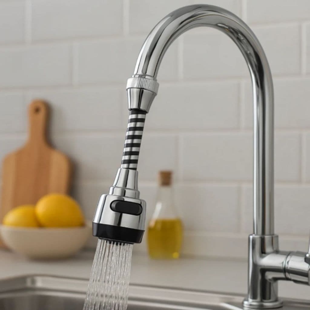 Extensor de Torneira Arejador – Giratório 360° com 2 Tipos de Jato - Contínuo/Chuveirinho – Aço Inox e Plástico PP