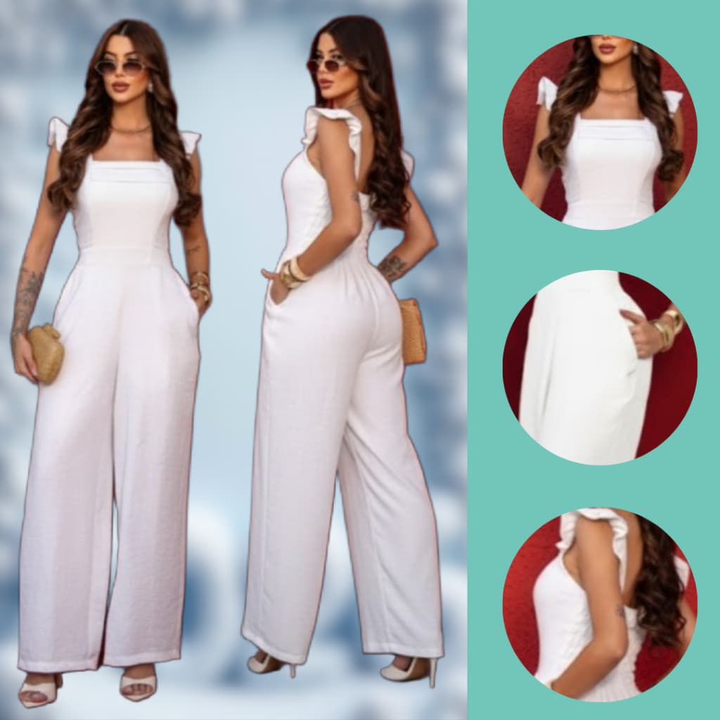 Macacão Feminino Longo Com Bolso Ano Novo Duna Elastex nas Costas Casual Elegante Liso Básico
