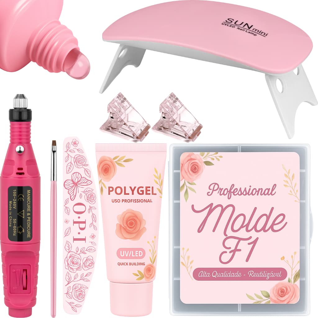 Kit Alongamento Poligel Polygel + Lixadeira Caneta + Molde F1 + Lixa + Cabine De Unha Poly Gel