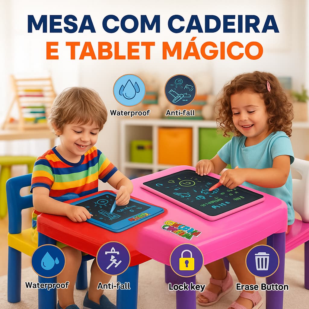 Mesa Infantil c/ Cadeira e Tablet Mágico Educativo | Mesa de Atividades para Crianças | Educativo
