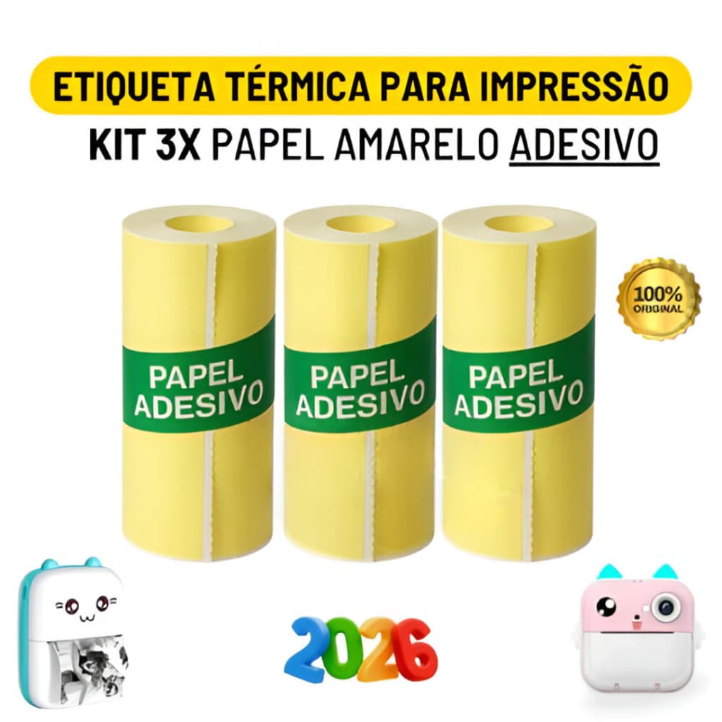 Kit 3 Bobina Rolo De Papel Térmico Adesivo 57x30mm Amarelo Para Mini Impressora Portátil / Envio Imediato