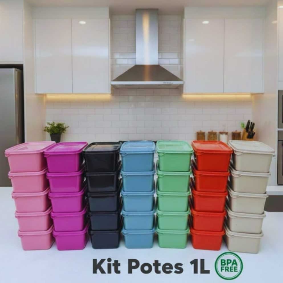 Kit  Potes Retangular 1L Armazenamento Alimentos Tampa Marmita BPA Free Micro ondas Freezer
