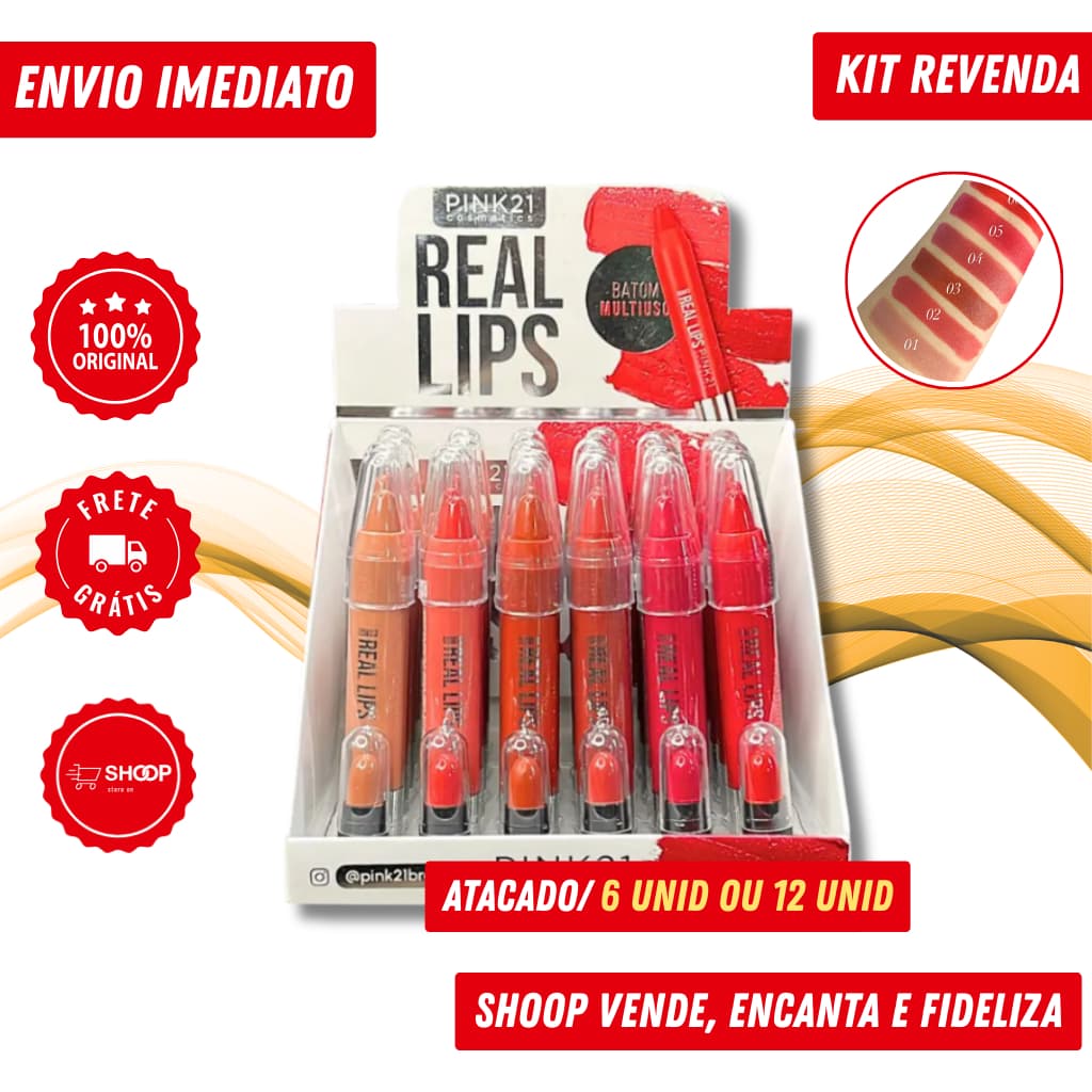 Revenda - Batom Real Lips Pink 21 Multiuso | Alta Pigmentação - 6 ou 12 Unidades