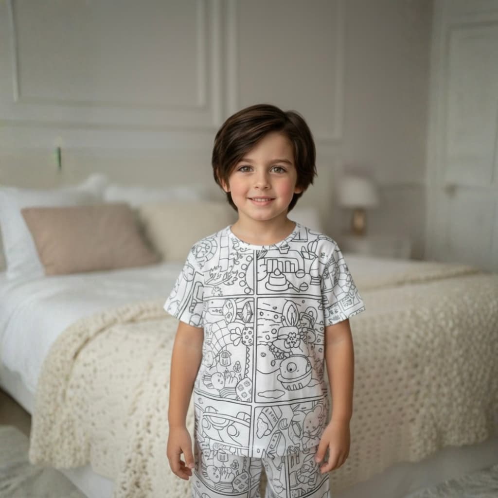 Pijama Infantil Masculino Meia Manga Para Colorir Lavável