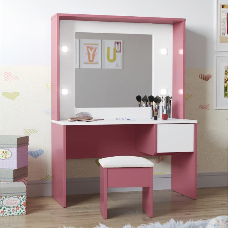 PENTEADEIRA INFANTIL BRANCA ROSA COM ESPELHO E BANQUETA MDF COM LED LINDA E RESISTENTE - Diana