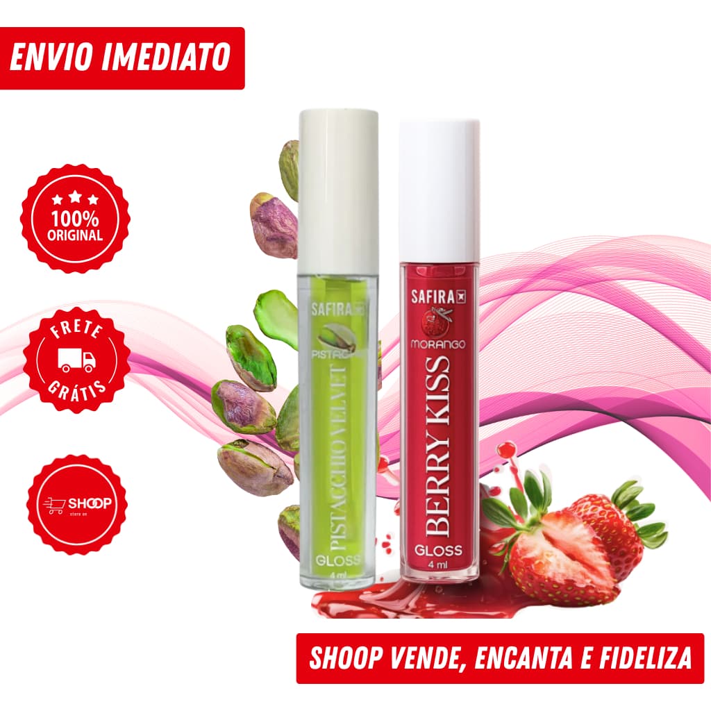 Gloss Labial Safira 4ml – Hidratação Intensa | Cliente Escolhe Morango ou Pistache
