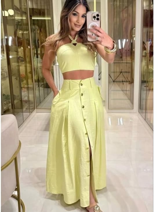 Conjunto Feminino Cropped Frente Única Saia Longa Botões Dourados com Bolso Funcional Marrant