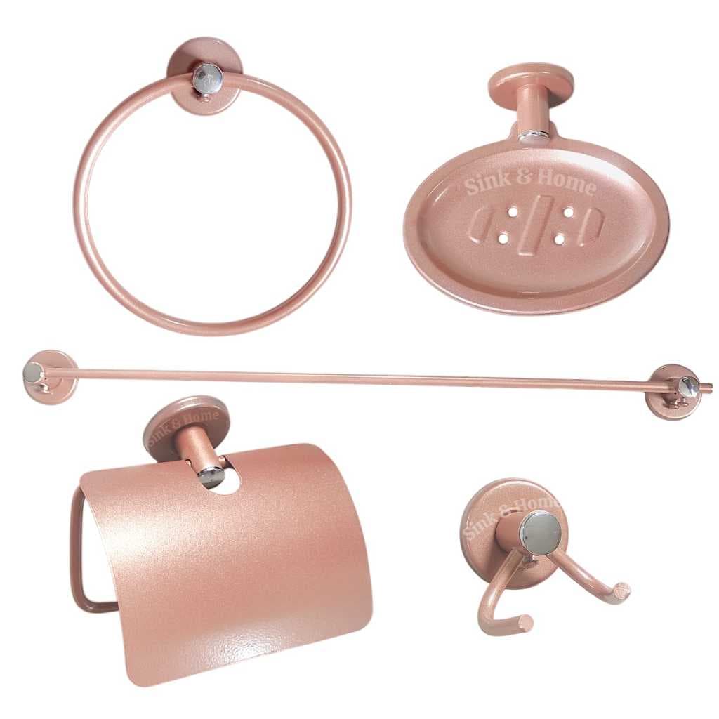 Kit de Banheiro Metal Rose Gold Com Papeleira Inox Rose Toalheiro Rose Banheiro Saboneteira