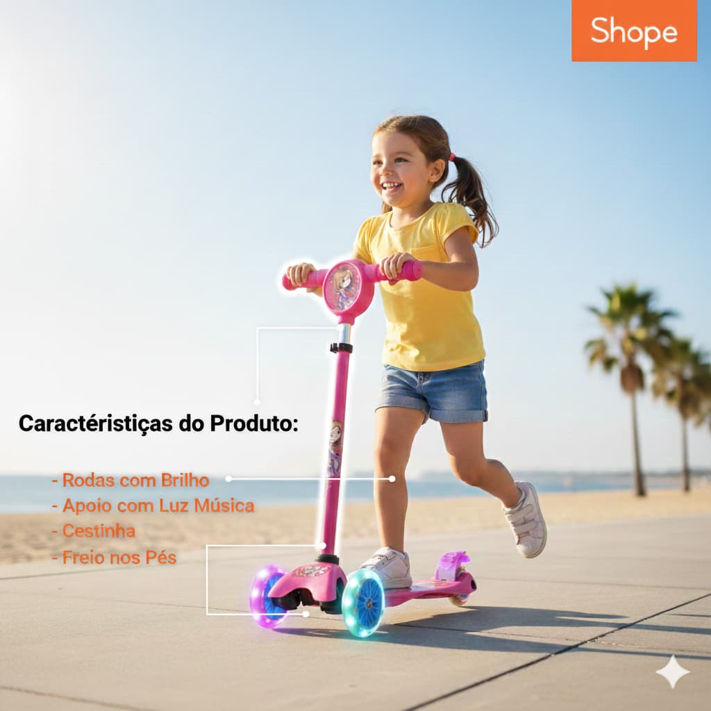 PATINETE 3 RODAS INFANTIL DOBRAVÉL LUZ SOM ROSA E AZUL MENINA MENINO RESISTENTE BRINQUEDO FOFO