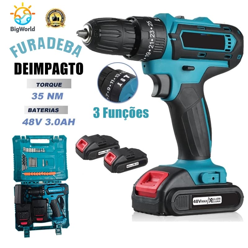 Parafusadeira e Furadeira de Impacto 48V Profissional - Kit Completo com 2 Baterias, Maleta e Acessórios