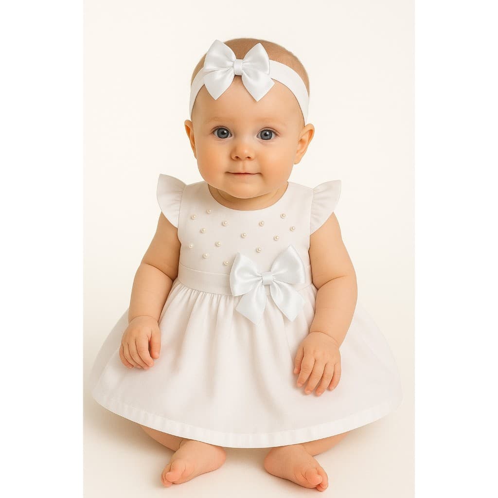 Vestido Princesa Bebê Luxo Branco Com Perolas Ano novo Batizado Com Tiara Algodão