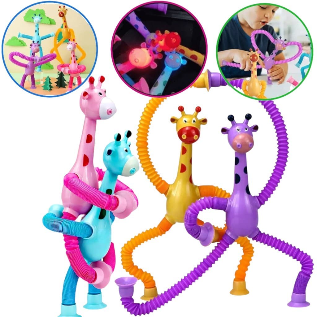 Brinquedo 4 Girafa Infantil Estica Led Gruda Bebê Criança Tubo Fidget Ventosa Pop