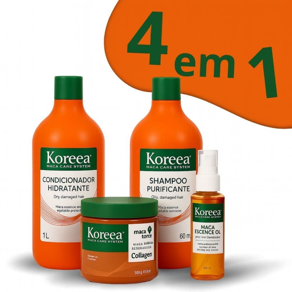 Kit Maca Collagen Koreea 4 e 1 Shampoo Condicionador Máscara Óleo Reconstrução Colageno Tem Variação