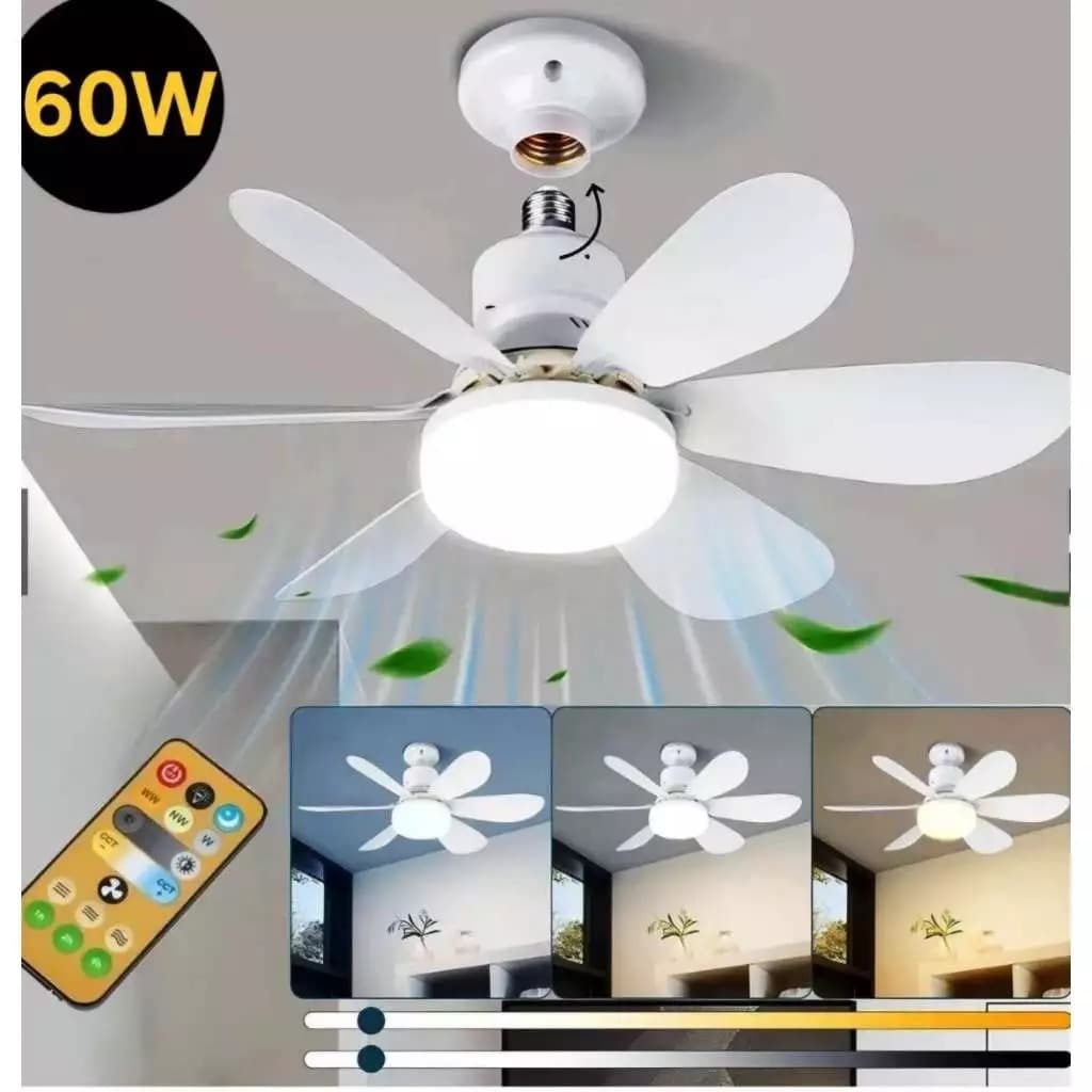 Ventilador de Teto com Lâmpada LED E27 6 Pétalas 60W 3 Velocidades Controle Remoto
