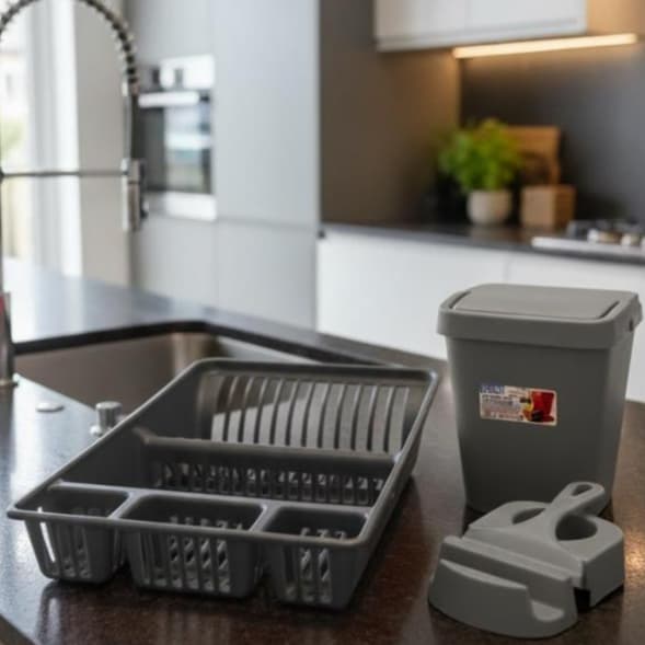 Escorredor de Louça + Kit Pia3 peças CINZA - Organizador Completo para Cozinha