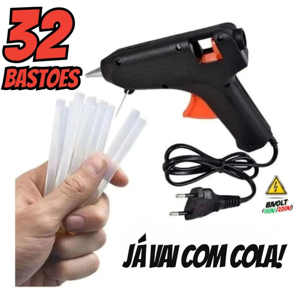 Pistola de Cola Quente + 32 Bastões de Cola Quente Revolver Profissional (110v e 220v)