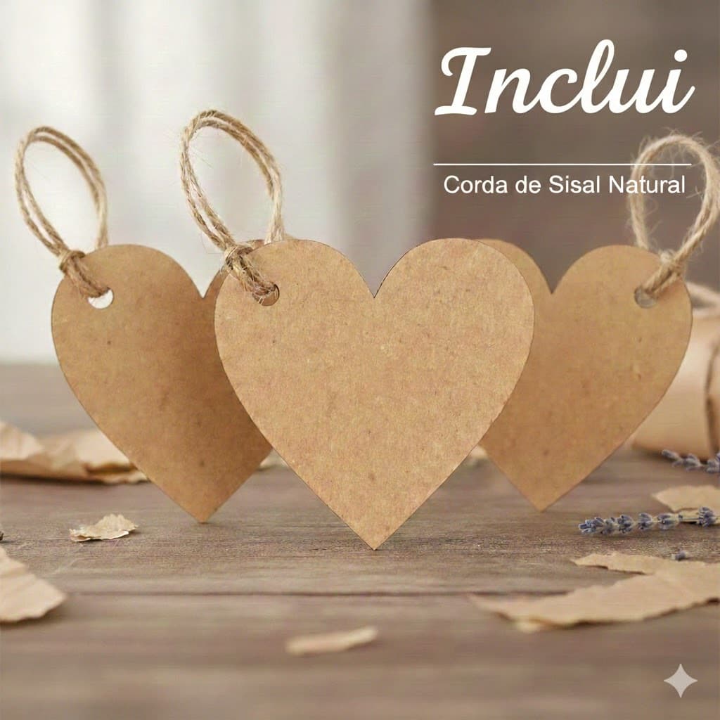 Tag Coração Kraft 180g Lisa com Corda de Sisal Natural - Ideal para Lembrancinhas e Artesanato
