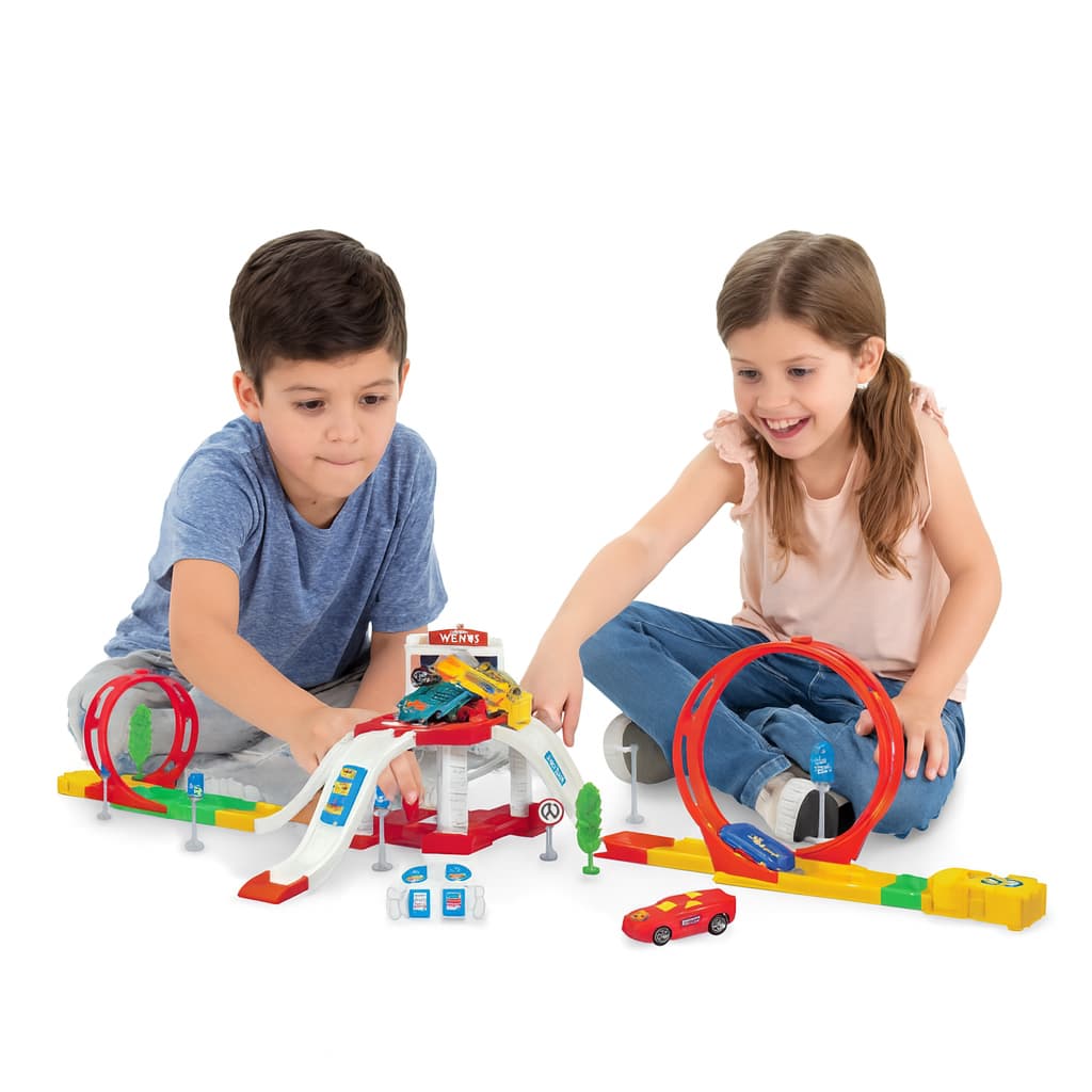 PISTA DE CORRIDA CARROS 360° BRINQUEDO-PISTA DE LOOPING 2 COM 53 PEÇAS + 3 CARRINHOS –ADRENALINA, VELOCIDADE E DIVERSÃO!