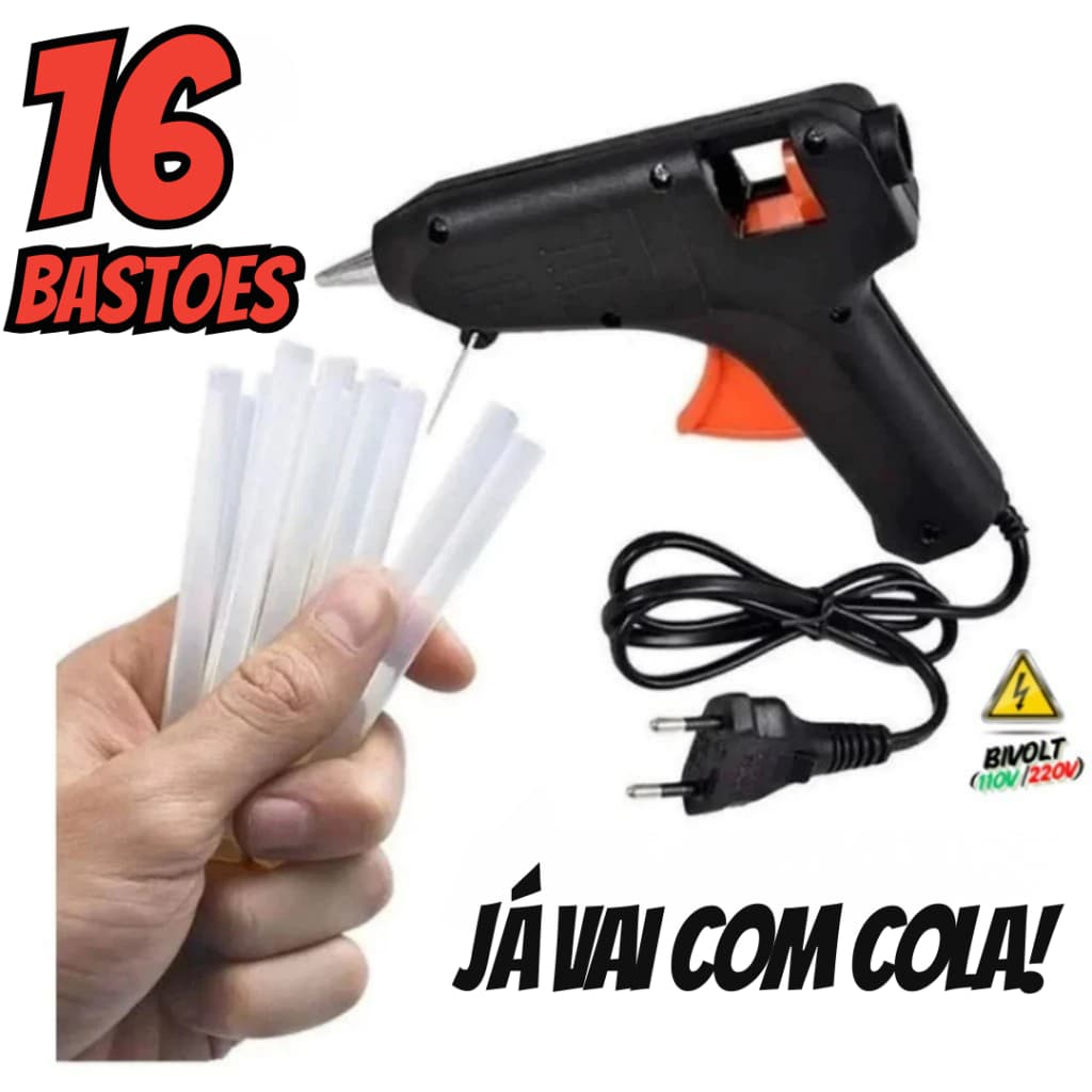 Pistola de Cola Quente Pequena 20W Com Bico de Ferro + 16 Bastões de Cola (Bivolt 110V/220V)