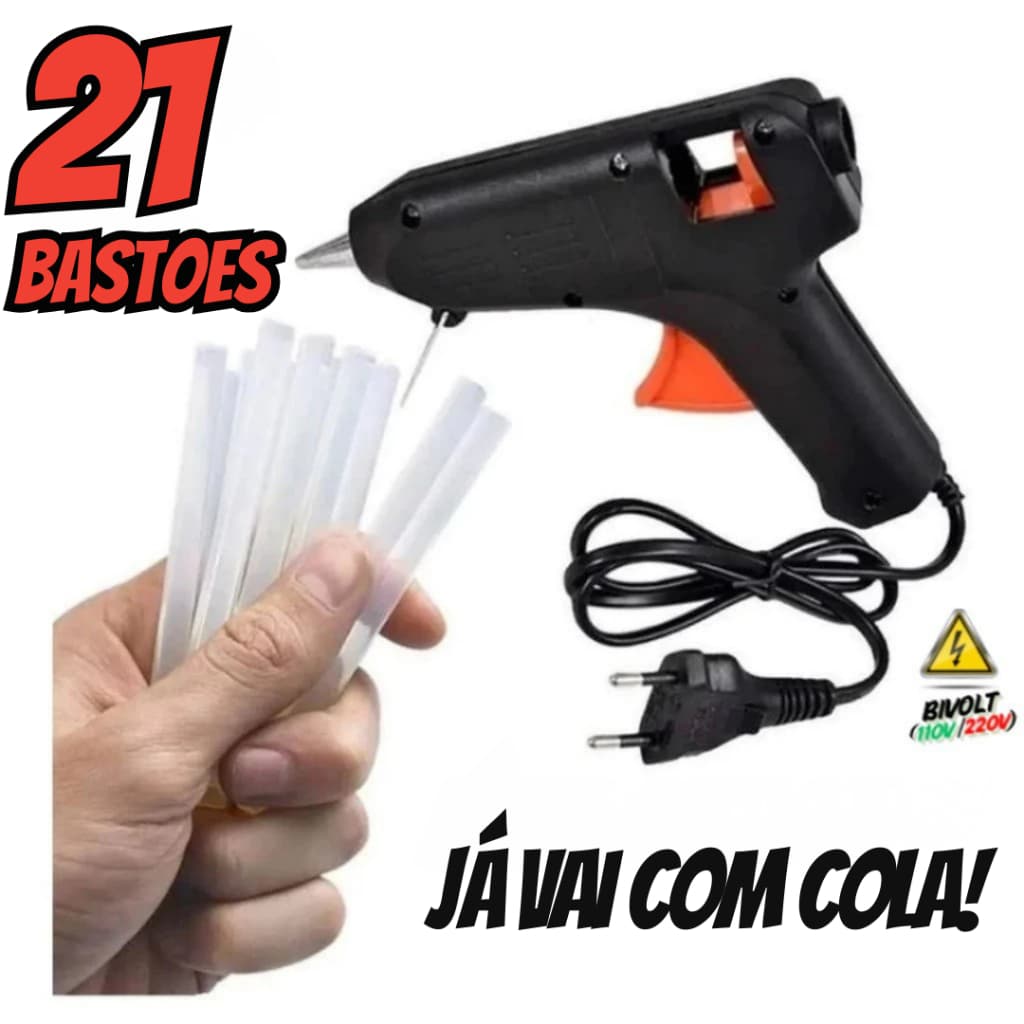 Pistola de Cola Quente Pequena 20W Com Bico de Ferro + 32 Bastões de Cola (Bivolt 110V/220V)