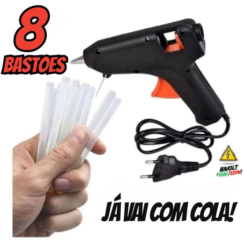 Pistola De Cola Quente Bivolt 20w + 8, 16 ou 32 Bastões De Cola Revolver (110v e 220v)