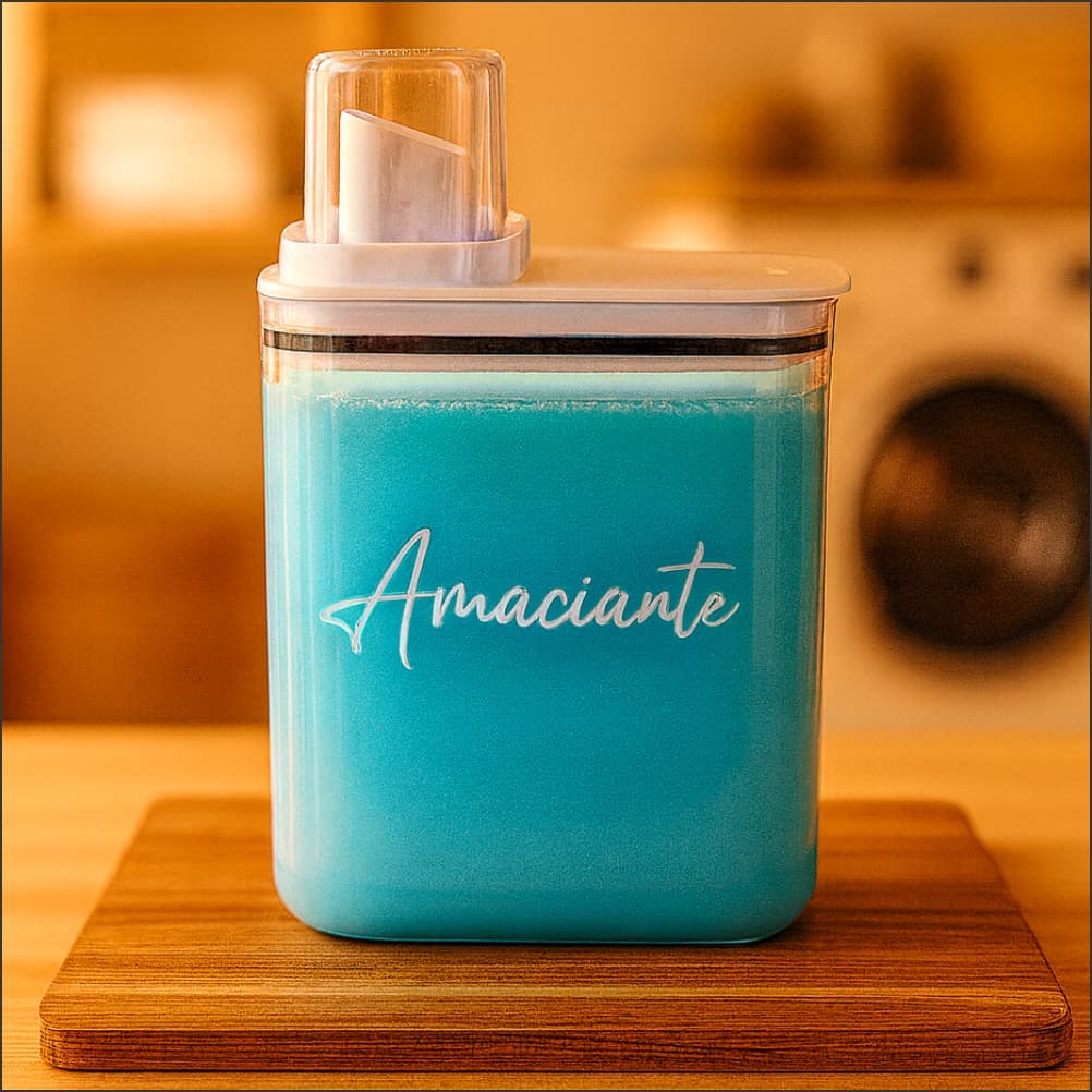 Dispenser Pote Hermético 1,5L Copo Dosador Porta Sabão Pó Amaciante Organizador Lavanderia Letra Branca