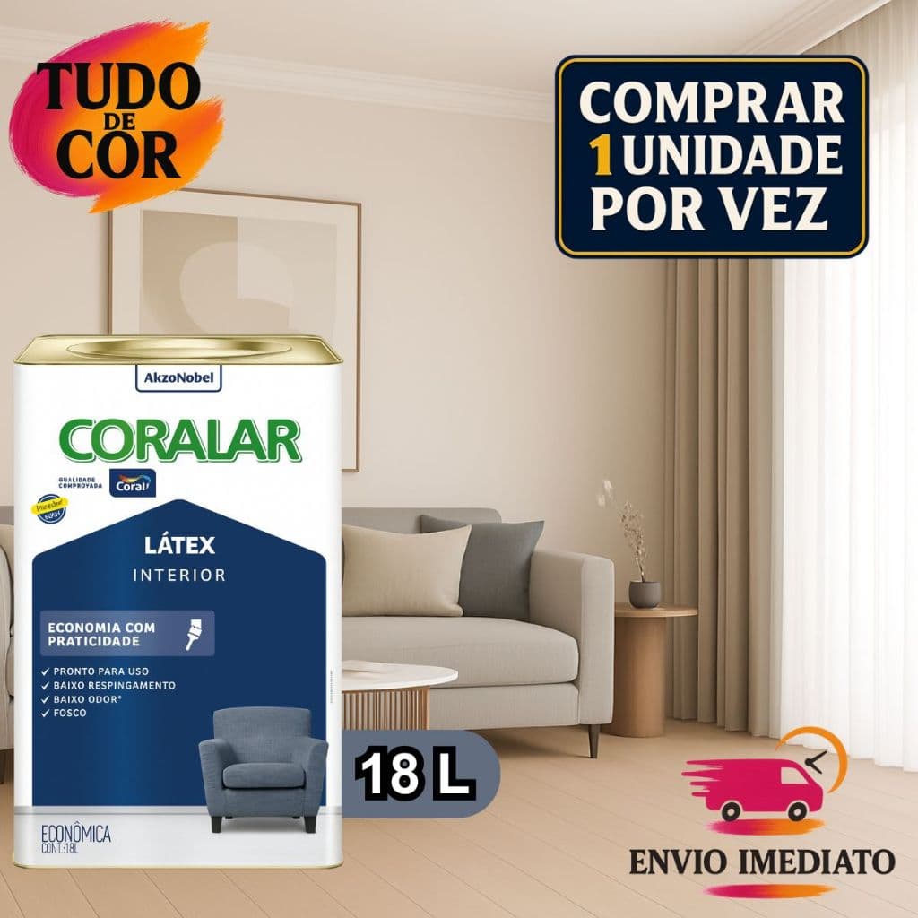 Tinta Látex Coralar 18L Base Água e Tinta Econômica 15L, Coral. Secagem Rápida, Sem Cheiro, Parede