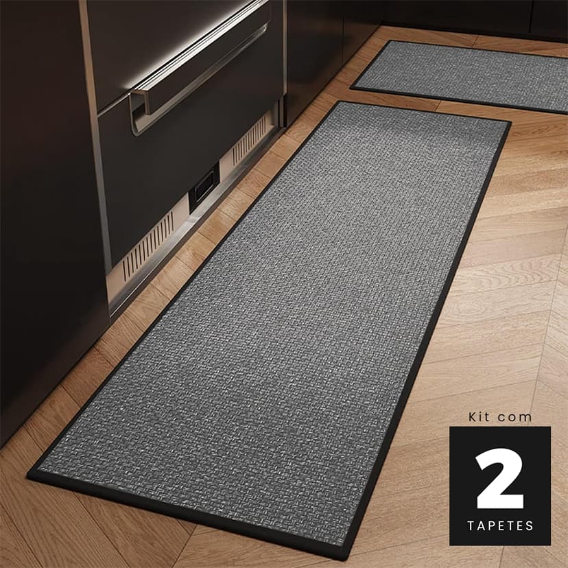 Kit 2 Tapetes de Cozinha 50x70 e 60x180cm Multi Cinza Antiderrapante Emborrachado Kacyumara