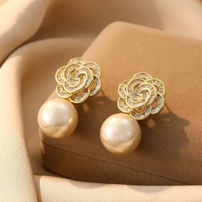 Brincos de Camélia com Pérolas, Estilo Luxo de Verão, Brincos Vintage Sofisticados com Diamantes e Design Floral, Brinco
