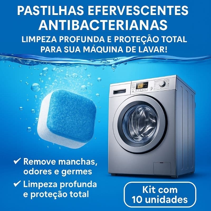 Kit 10 Pastilhas Limpadoras Efervescentes para Máquina de Lavar – Remove Manchas Odores Germes | Limpeza Profunda