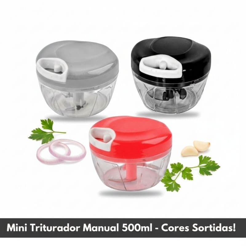 Mini Processador Triturador Manual Alho Legumes Frutas 500ml – 3 Lâminas Cores Sortidas Prático
