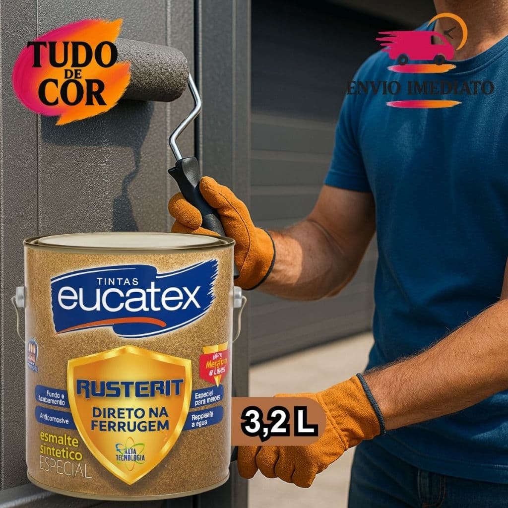 Tinta Rusterit Eucatex 3,6 L e 900 ML Direto na Ferrugem, Para Ferro Metais, Brilhante Anticorrosiva