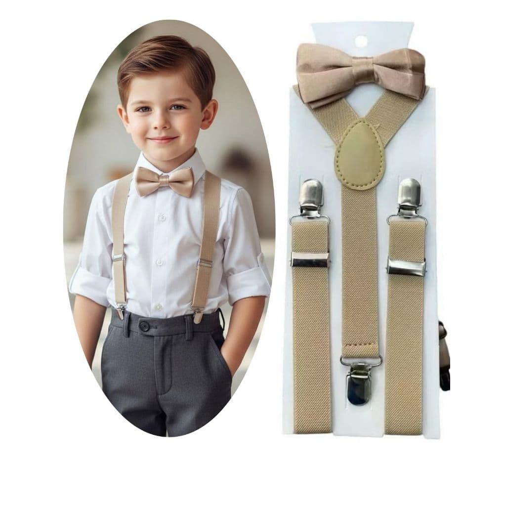 Kit Infantil Suspensório e Gravata Borboleta Bege