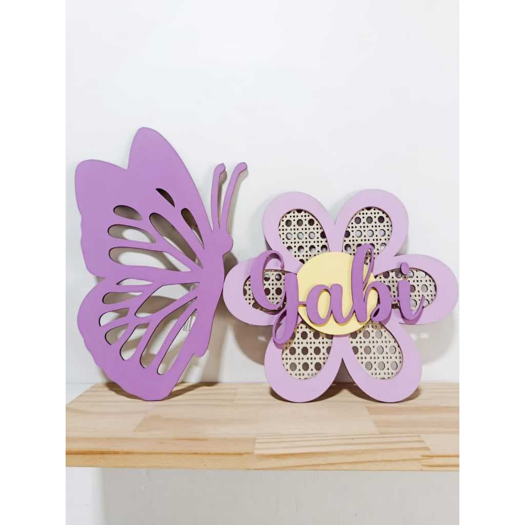 Kit Adorno Borboleta Luminária Parede Fio de Fada + Flor Palha Indiana - Decoração Quarto Bebê