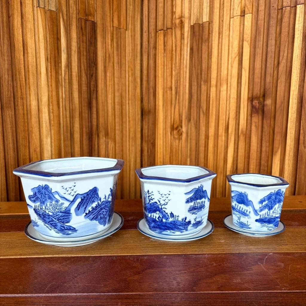 Vasos Cerâmica Portuguesa Azul Branco 3 Unidades