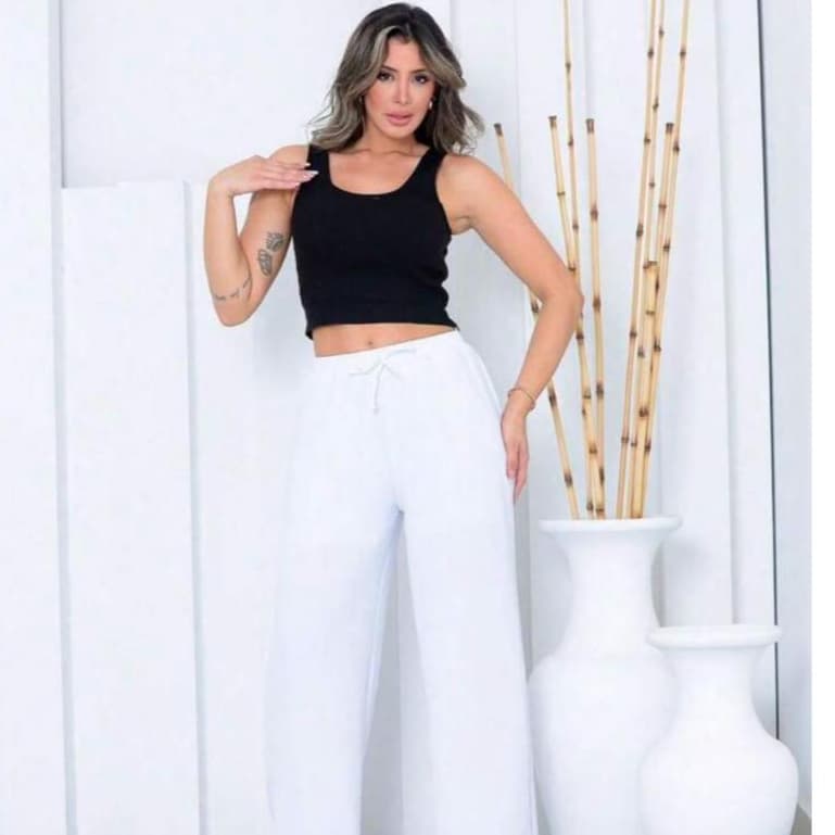 Calça  Feminina Pantalona Premium Branco Wide Leg Duna Tendência Casual Conforto Moderna Estilosa