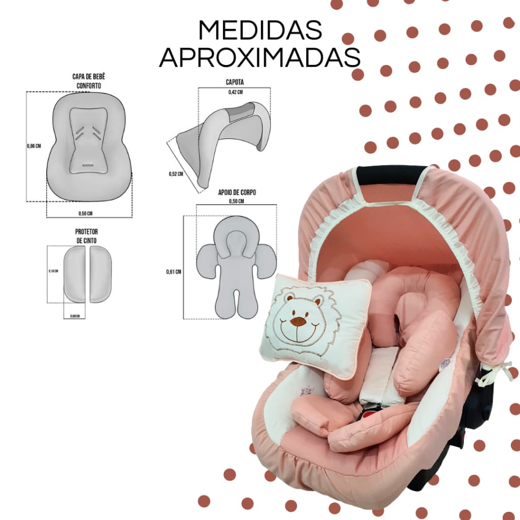 Capa de Bebê Conforto Com Capota Com Protetores de Cinto Travesseirinho Bordado e Apoio De Corpo