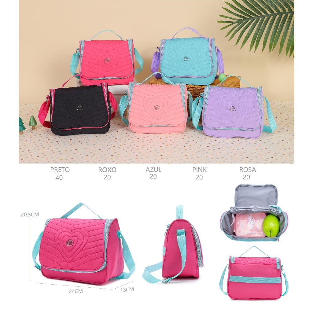 Lancheira Térmica Ohbag Matelassê Coração c/ Alça Ajustável, Cores Vibrantes - Escola/Trabalho BC-20005