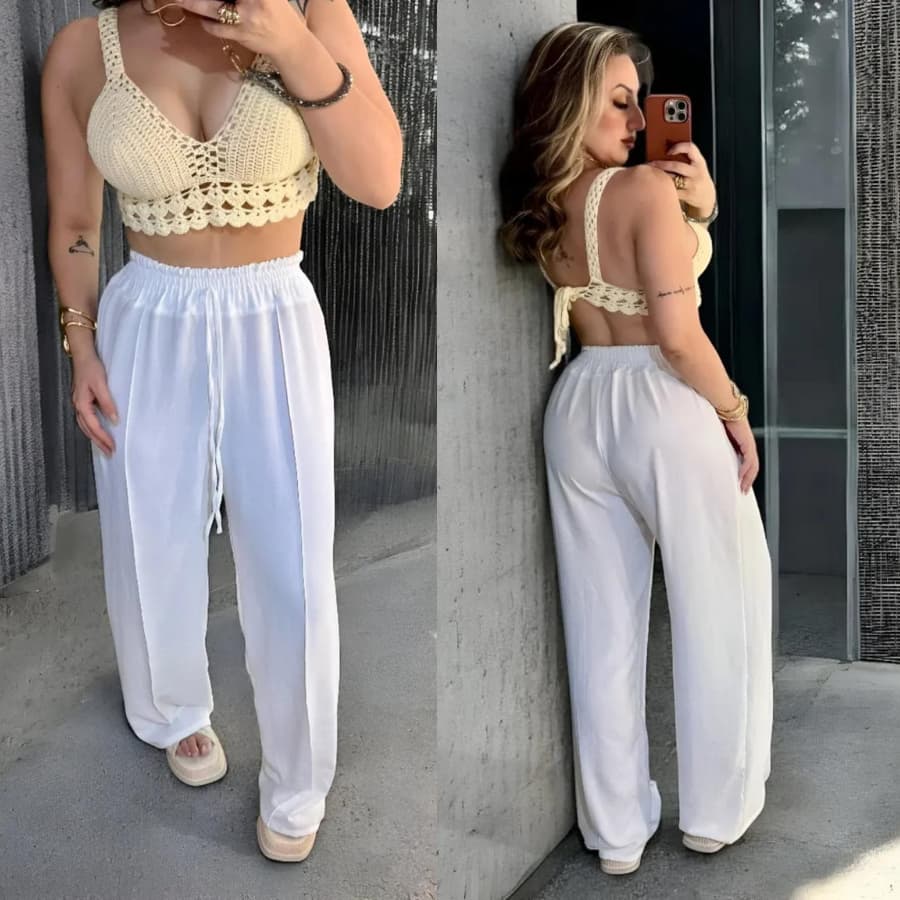 Calça Feminina Pantalona Branco Wide Leg Duna Tendência Casual Conforto Moderna Estilosa Praia Linda