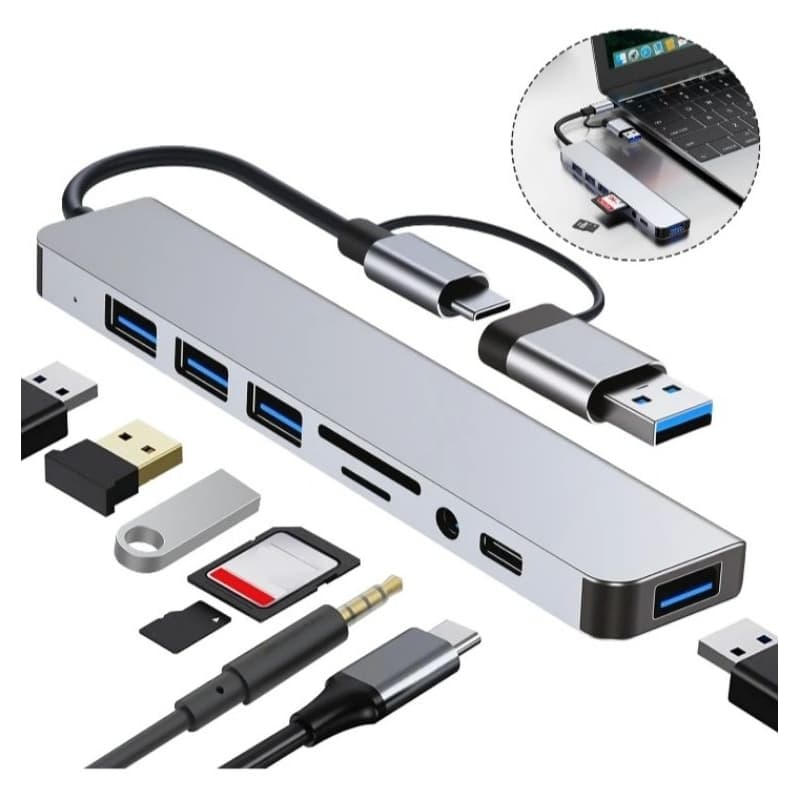 Adaptador hub de 8 portas USB-C 3.0, P2 Estéreo TF/SD