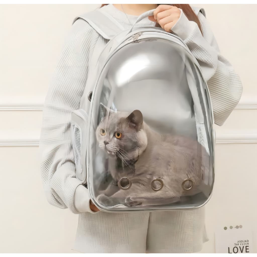Mochila Cinza Pet Transporte Cães e Gatos Visão Ampla Astronauta Com Entrada de Ar