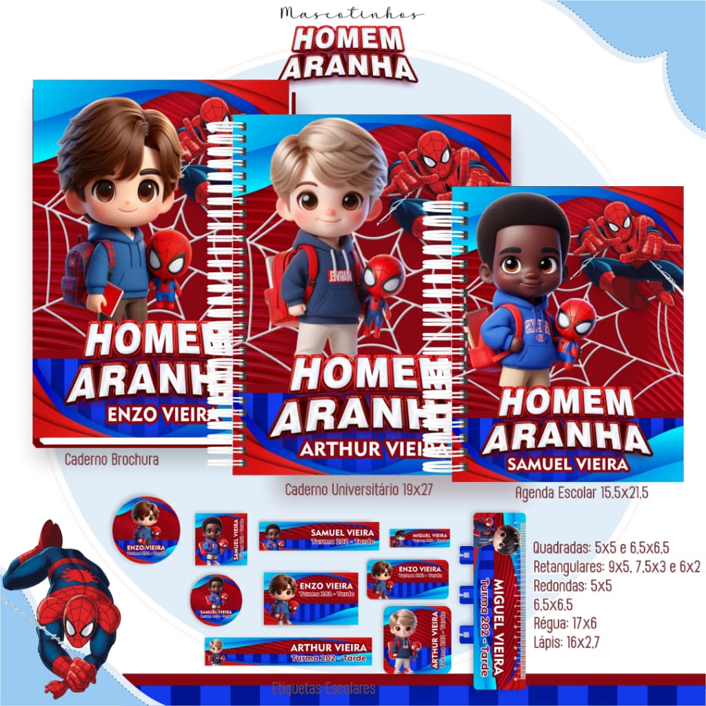 Caderno de Desenho OU Caderno Meia Pauta OU Caderno de Caligrafia Personalizado com Nome - HOMEM ARANHA MASCOTINHO