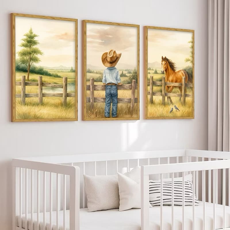 Kit 3 Quadro decorativo moderno elegante paisagem fazenda menino fazendeiro roça cavalo gado cowboy